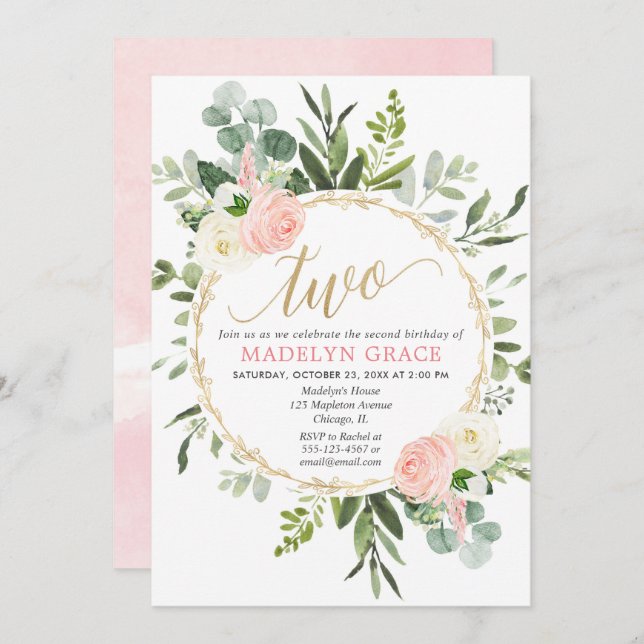 Invitación chica elegante dorado verde 2° cumpleaños (Anverso / Reverso)