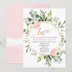Invitación chica elegante dorado verde 2° cumpleaños