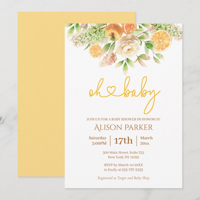 Invitación Chica elegante floral de cítricos rosa amarillo Ba (Anverso / Reverso)