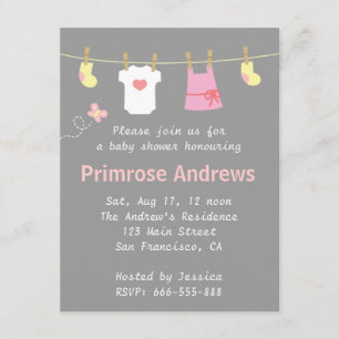 Invitación Chica elegante y linda Baby Shower, fondo gris
