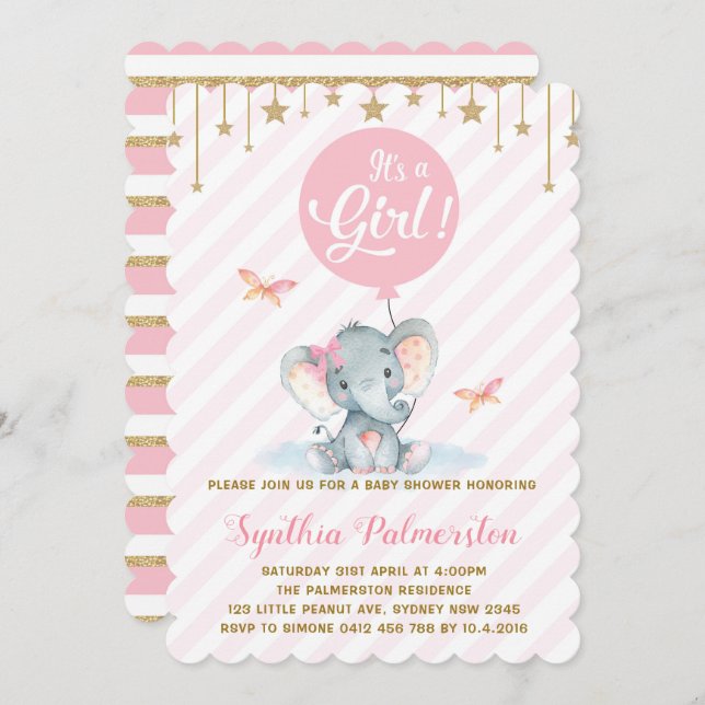 Invitación Chica Elephant Baby Shower Pink Gold Star Invite (Anverso / Reverso)
