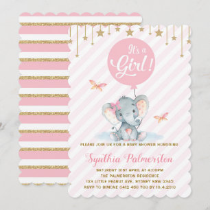 Invitación Chica Elephant Baby Shower Pink Gold Star Invite