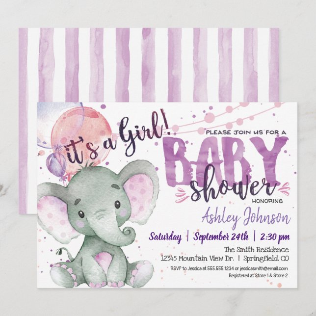 Invitación Chica Elephant Baby Shower Purple, Lavender (Anverso / Reverso)