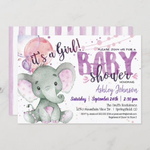 Invitación Chica Elephant Baby Shower Purple, Lavender
