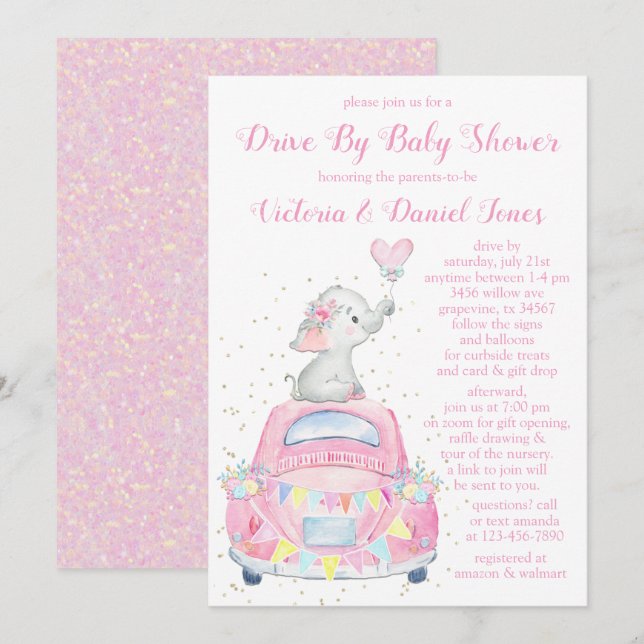 Invitación Chica Elephant Car Drive Por Baby Shower (Anverso / Reverso)