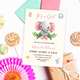 Invitación Chica Elephant color de agua rosa Baby Shower