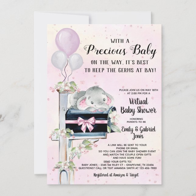 Invitación Chica Elephant Covid Baby Shower Por Correo (Anverso)