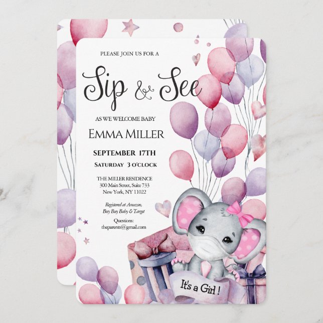 Invitación Chica Elephant Globos Rosa Bebé Sip y ver (Anverso / Reverso)