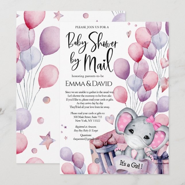 Invitación Chica Elephant Pink Balloons Baby Shower por corre (Anverso / Reverso)