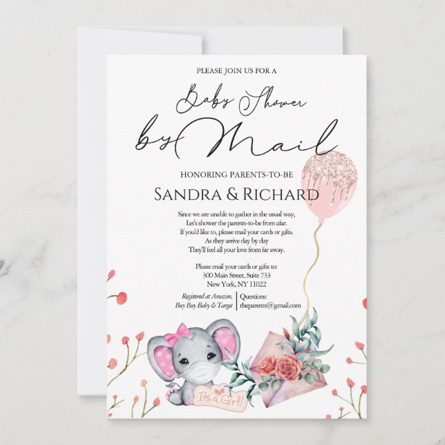 Invitación Chica Elephant Purpurina Dorado Ducha en globo por (Anverso)