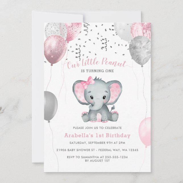 Invitación Chica Elephant Watercolor Globos Primer Cumpleaños (Anverso)