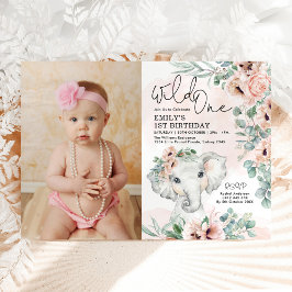 Invitación Chica Elephant Wild One Rubor Floral Birthday Phot