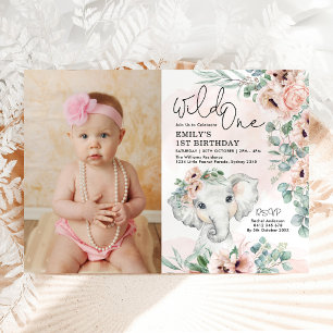 Invitación Chica Elephant Wild One Rubor Floral Birthday Phot