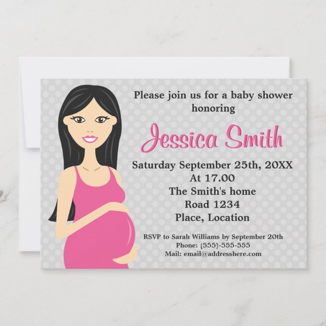 Invitación Chica embarazada linda en baby shower de vestido r (Anverso)
