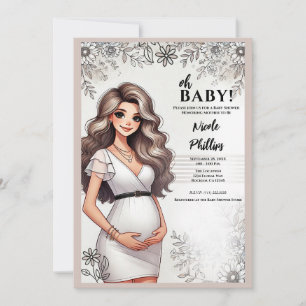 Invitación Chica Embarazada Pelo Ondulado Floral Oh Baby Show