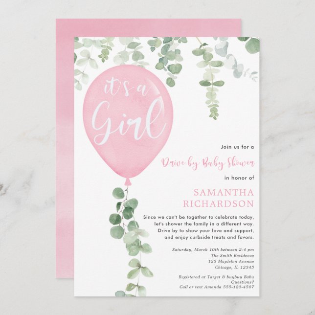 Invitación chica en automóvil ducha bebé balón rosa eucalipto (Anverso / Reverso)