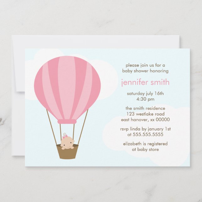 Invitación Chica en Baby Shower con globo rosa (Anverso)