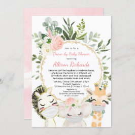 Invitación chica en coche ducha bebebe dorados lindos animale