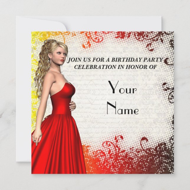 Invitación Chica en fiesta de cumpleaños con vestido rojo (Anverso)