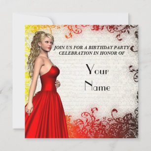 Invitación Chica en fiesta de cumpleaños con vestido rojo