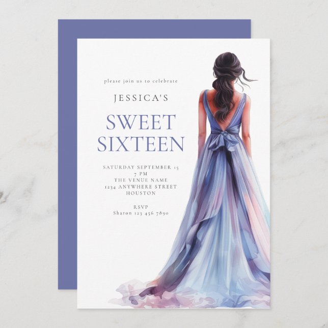 Invitación Chica en la fiesta de cumpleaños 16 de Lilac Vesti (Anverso / Reverso)