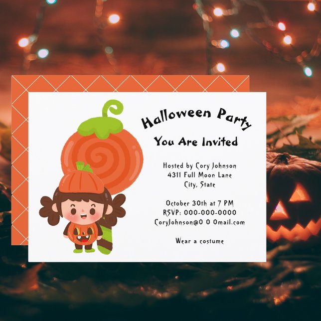 Invitación Chica en la fiesta de Halloween con traje de calab (Girl in Pumpkin Costume Lollipop Halloween Party Invitation)