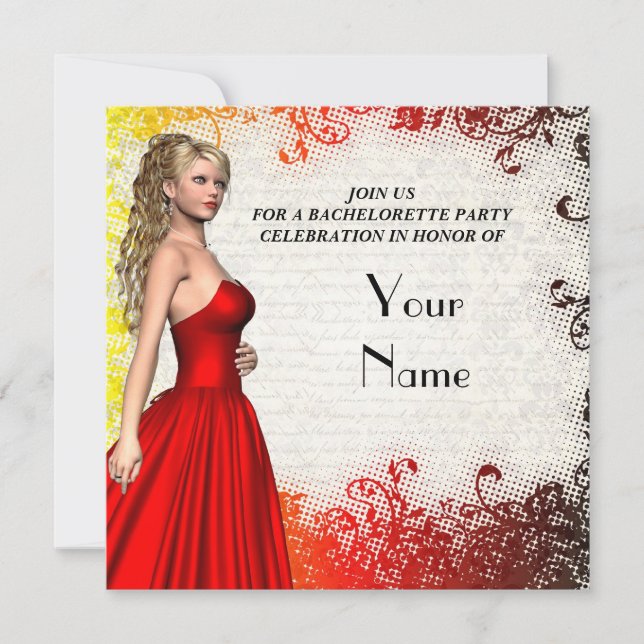 Invitación Chica en una fiesta de soltera con vestido rojo (Anverso)