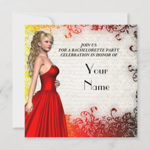 Invitación Chica en una fiesta de soltera con vestido rojo