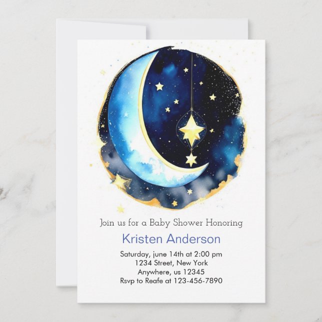 Invitación Chica espacial Cute Moon y Stars Baby Shower (Anverso)