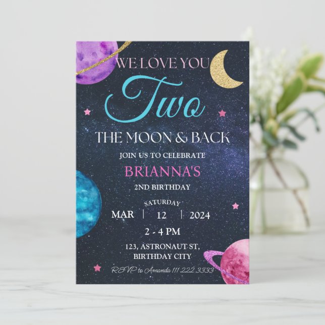 Invitación Chica Espacio Ultraterrestre Segundo Cumpleaños Do (Anverso de pie)