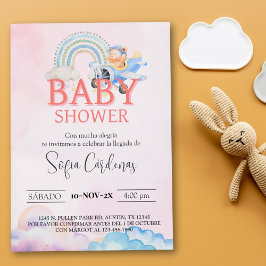 Invitación Chica español Baby Shower Teddy Bear Avión Rosa