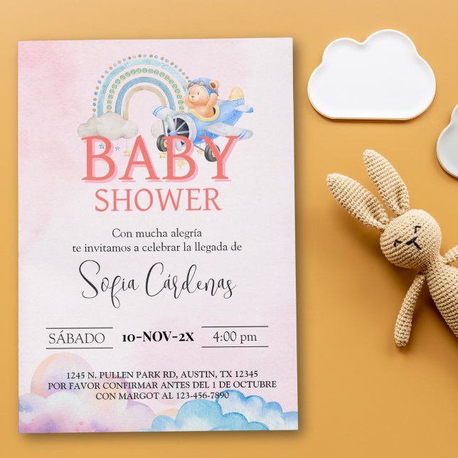 Invitación Chica español Baby Shower Teddy Bear Avión Rosa (Spanish Girl Baby Shower Teddy Bear Airplane Pink Invitation)