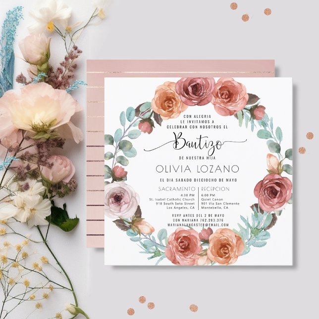Invitación Chica español Bautismo Rosa De Oro Floral De León (Subido por el creador)