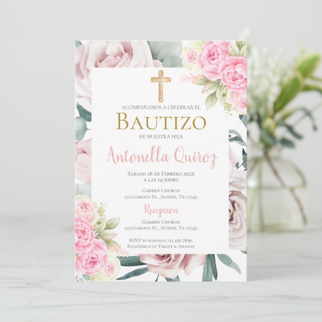 Invitación Chica Español de Bautismo Floral Rosa (Anverso de pie)