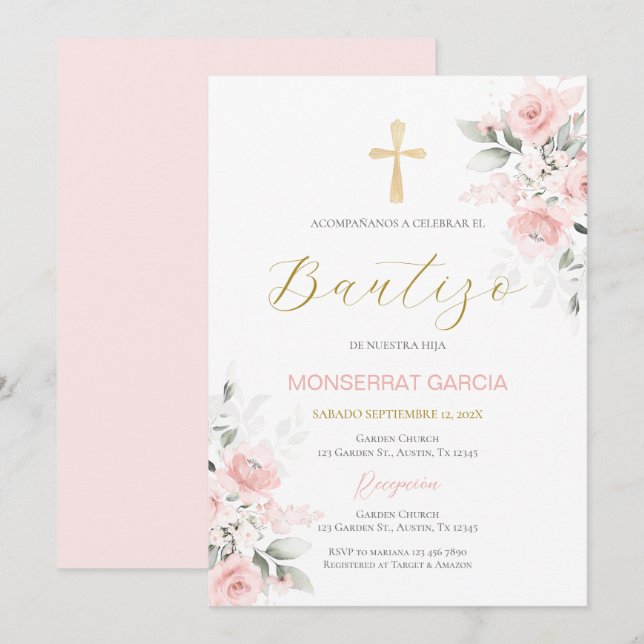 Invitación Chica Español de Bautismo Floral Rosa (Anverso / Reverso)