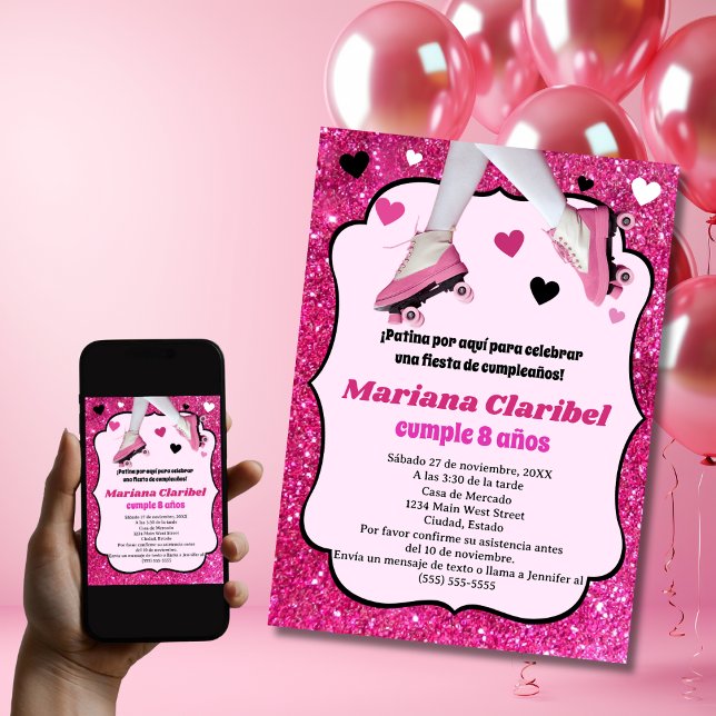 Invitación Chica español de patinaje sobre Purpurina rosa ret (Subido por el creador)