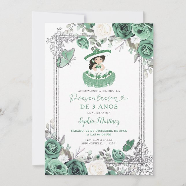 Invitación Chica español Sage Green Silver Presentacion 3 Ano (Anverso)