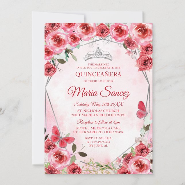 Invitación Chica española de Flor Roja Plata Dulce cumpleaños (Anverso)