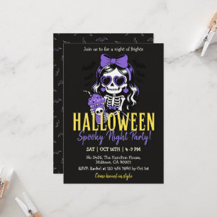 Invitación Chica Esqueleto Halloween Noche Espeluznante Fiest