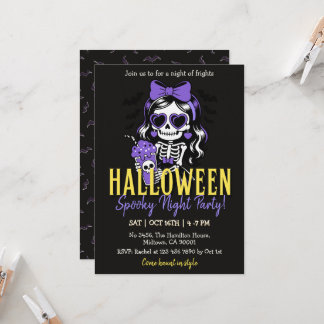 Invitación Chica Esqueleto Halloween Noche Espeluznante Fiest