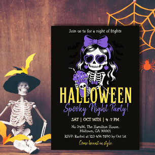 Invitación Chica Esqueleto Halloween Noche Espeluznante Fiest