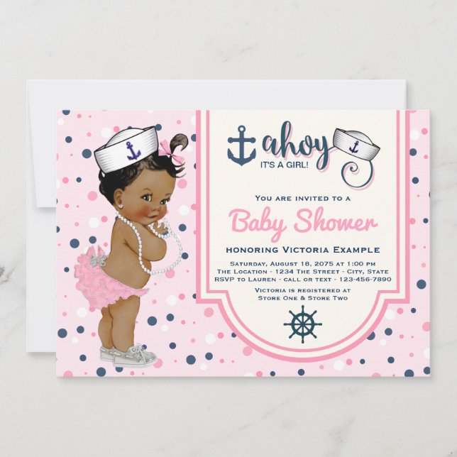 Invitación Chica Étnica Azul Marino Rosa Baby Shower Náutico (Anverso)