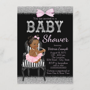 Invitación Chica étnica rosa, negra y plateada Baby Shower