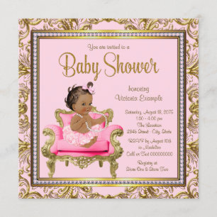 Invitación Chica Étnica Silla Rosa Dorada Tutú Baby Shower
