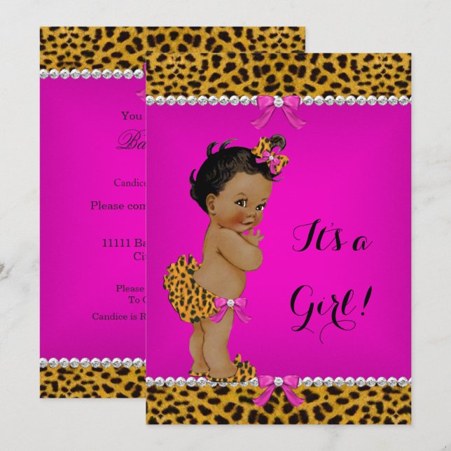 Invitación Chica étnico Baby Shower Leopard Hot Pink (Anverso / Reverso)