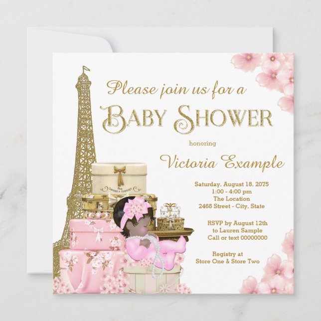 Invitación Chica étnico de oro rosado en París Baby Shower (Anverso)
