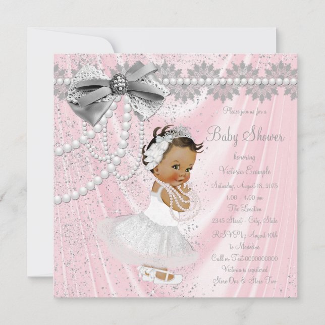 Invitación Chica étnico Rosa Gray Satin Pearl Baby Shower (Anverso)