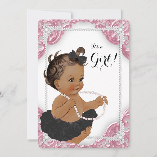 Invitación Chica étnico rosado negro Tutu Baby Shower (Anverso)