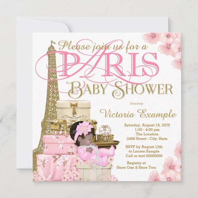 Invitación Chica étnico rosado y dorado de París Baby Shower (Anverso)