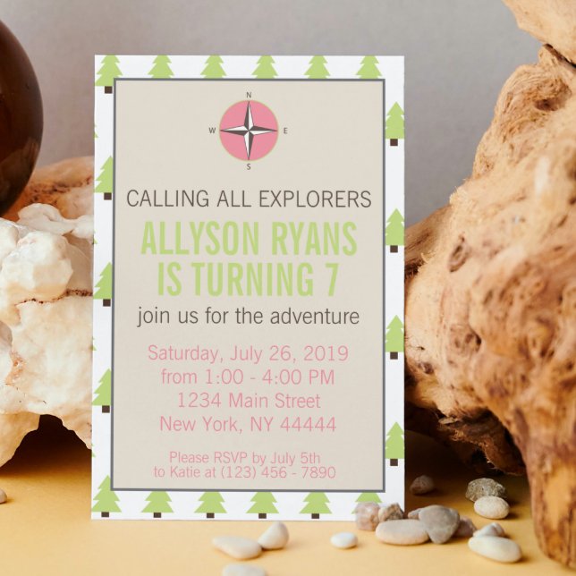 Invitación Chica Explorer, Naturaleza, glamping cumpleaños Ad (Subido por el creador)